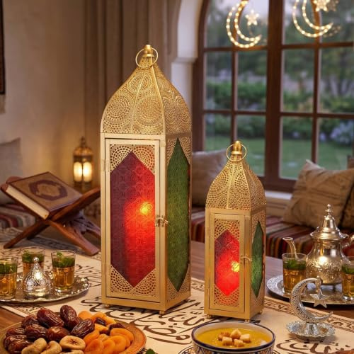 TRIROCKS 2er-Set Dekorative Ramadan-Kerzenlaterne aus Metall Orientalischer Kerzenhalter Arabische Hängende Teelichter Marokkanische Laternen mit Gehärtetem Glas für Heimdekoration Innen Außenbereich