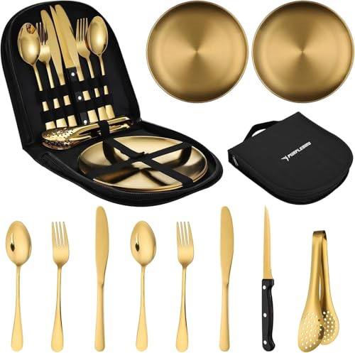 PURPLEBIRD Camping Geschirr Set 2 Personen Edelstahl 10-teilig | 2 Gabeln, Löffel, Messer, Teller, Zange + Tasche. Rostfrei, leicht. Für Picknick, Camping & Grill. Sofort bereit.