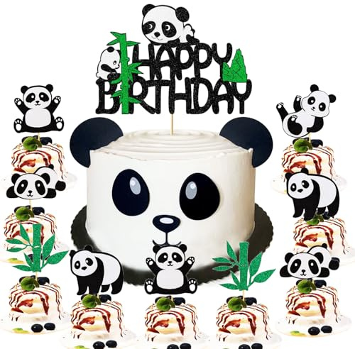 Panda, Happy Birthday, tårtdekoration, glitter, grön, bambu, cupcake, toppar, söta djur, tårtdekoration för baby, dusch, barn, födelsedag, fest, tårtdekoration, 11 stycken