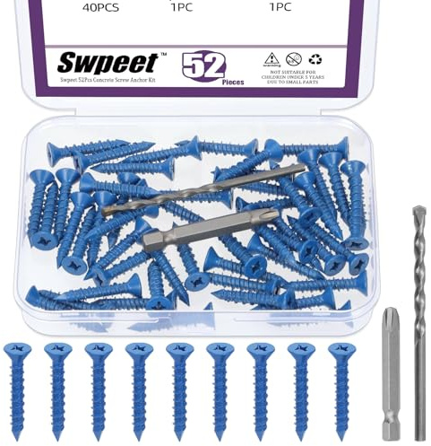 Swpeet 52 viti per calcestruzzo a testa piatta da 3/16 x 1-1/4, con punta per cacciavite e trapano, kit assortimento, viti per calcestruzzo, viti autoavvitanti per cemento per ancoraggio su muratura