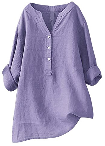 Camisetas de verano de algodón para mujer, cuello alto, manga 3/4, de lino, camisas de manga larga, ajuste holgado, vestidos de club, gasa de gran tamaño, cuello en V, manga enrollada, color liso, con