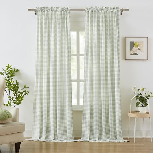 ZJDECOR Sage Green White Buffalo Plaid Curtains 84 Inches Long,Crinkled Not-See-Through Sheer Rod Pocket Drapes,Rustic Window Treatment for Nursery Living Room,Tiebacks Included,52 Wx84 L(Pack of 2)