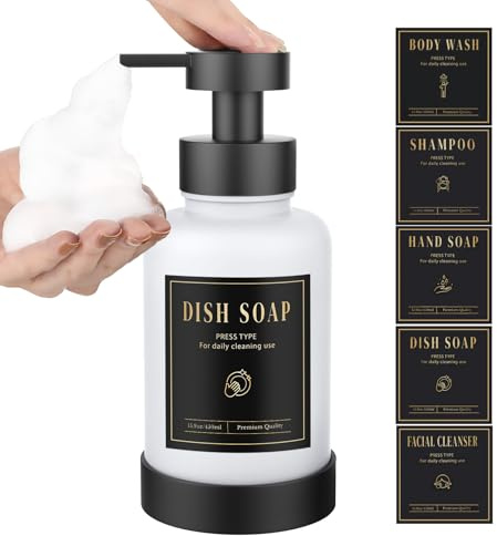 Luxspire Distributeur de Savon Moussant, 450 ML/15 OZ Distributeur à Pompe en Verre Liquide Rechargeable, Distributeurs à Main Antidérapant avec 5 Étiquettes Imperméables, Blanc, 1 Paquet