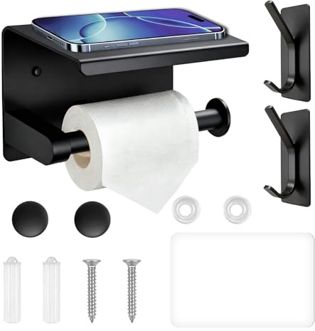 Fairblo Toilet Roll Holder Wall Mounted Self Adhesive Toilet Paper Holder with Shelf SUS 304 Stainless Steel Tissue Roll Holder Black Toilet Paper Roll Holder with 2 Adhesive Hooks for Bathroom