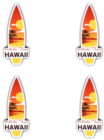 Aufkleber: 75 mm, 4 Stück - Surfbrett Aufkleber Set Hawaii Aloha From – 4er Pack Vinyl 75 mm Reise Deko wasserfest
