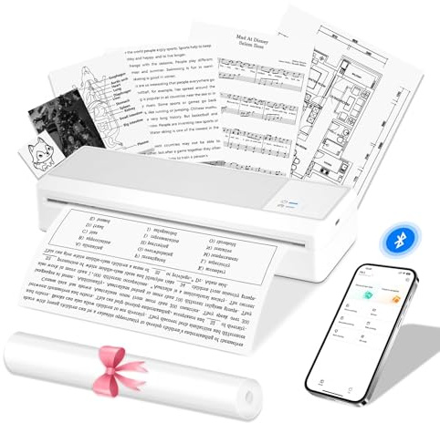 LFPERT Portable Thermal Printer A4, Wireless Bluetooth Inkless Printer, 200+ Pages Per Charge, A4/A5/B5 Supported, Compatible iOS Android Laptop, Home Office School Car, 1 Thermal Roll