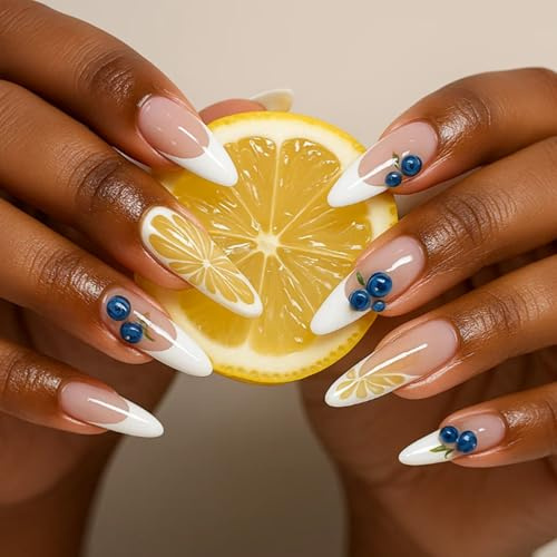 Stick On Nails, Almond French Tips With Fruit Nail Art, Nude Pink, 24-Piece | Includes Adhesive Tabs, Blueberry And Lemon Designs With Green Accents, For Daily Wear, Parties And Summer Events