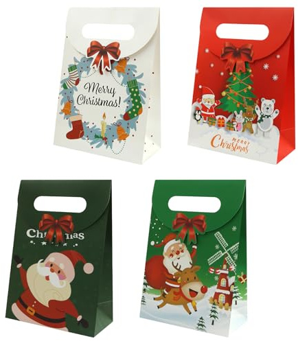 12 Stück Weihnachtspapier-Geschenktüten, wiederverwendbar, mit Klappdeckel, Leckerli-Taschen mit Griffen, Weihnachtsmann, Rentier, Bär, Designs für Weihnachten, Party, Urlaub, Neujahr, Zubehör, 14 x