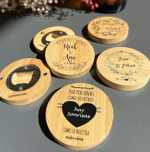 Uvimark - Set de 50 Abrebotellas de Bambú con Imán - Regalo Personalizado - Regalos Originales - Regalos Enamorados, Parejas - Detalles de Boda, Comunión, Bautizo