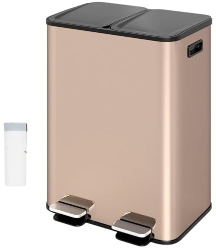 TANGZON 2x30L Recycling Pedal Bin, Double Kitchen Waste Bin with Plastic Inner Bucket, Soft Closure & Deodorant Boxes, Fingerprint Proof Airtight Stainless Steel Trash Can (Rose Gold with Trash Bags)