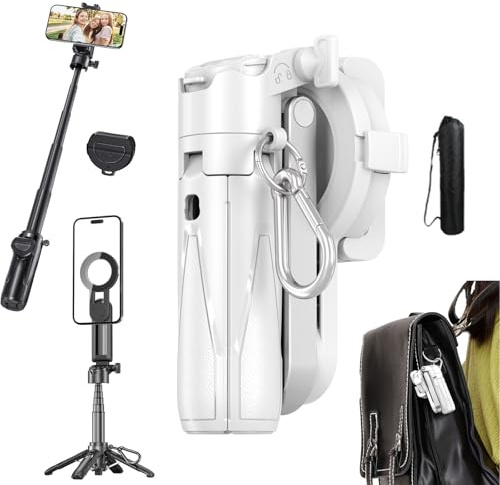 Trépied à selfie amélioré 2026, trépied magnétique portable, mini perche à selfie Bluetooth, rotation flexible à 360°, télécommande amovible, pour vlogs, photographie de paysage (blanc)