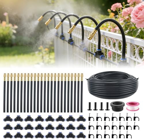 Sistema de riego de jardín flexible 360°, manguera de riego de 60 m y 32 boquillas de pulverización ajustables, sistema de riego semiautomático para balcón, invernadero, plantas