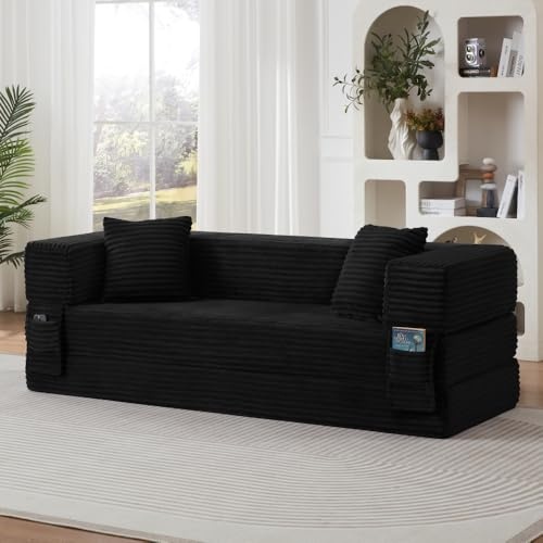Sofá Cama Plegable de Pana, Sofá Convertible Moderno con Diseño Cuadrado Clásico y Estructura de Doble Capa, Mueble de Salón Multifuncional Convertible en Cama para Apartamento y Oficina (Negro)