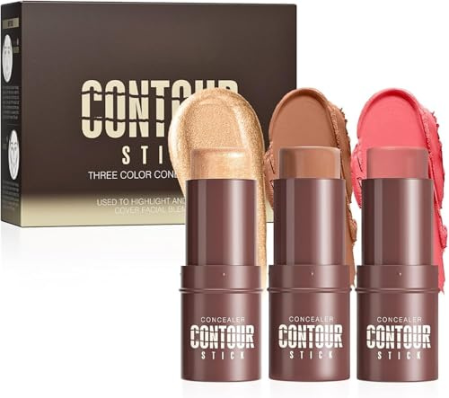 3PCS Contour Highlighter Blush Sticks,Cream Contour Bronzer Stick | Cheeks Eyes Lips,Highlighter Contour Stick for Glass Skin Glow,Long Lasting Makeup Sticks for All Skin Type Face Makeup (B)