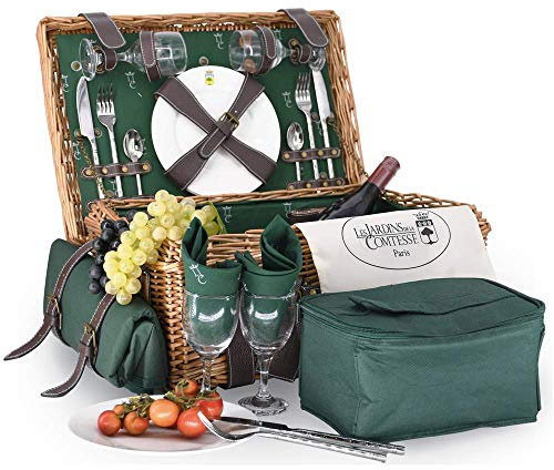 Les Jardins de la Comtesse - Panier Picnic Champs Elysées Vert en Osier - Sangles en Cuir - Complet 2 Personnes - Glacière/Nappe - Assiettes en Porcelaine et Verres à Vin en Verre - 48 x 34 x 21 cm