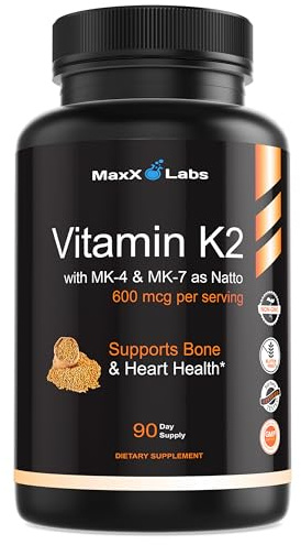 MaxX Labs Vitamin K2 Supplement - Full Spectrum Vitamin K2-MK7, MK4 & Vitamin D - High Strength K2 Works with Vitamin-D3 - Vitamin-K 600mcg - Supports Bone Health - 90 Capsules
