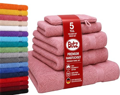 Betz Premium Frottier Handtuch-Set 5-teilig - 1x Liegetücher - 2X Handtücher - 1x Gästetücher - 1x Waschhandschuh - Altrosa