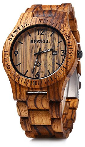 Bewell ZS-W086B in legno orologi al quarzo, con data, per uomo marrone