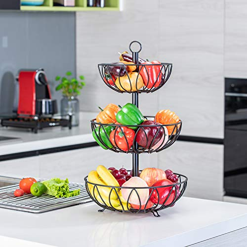 Rice rat 3 Tier Fruit Basket Bowl, Vegetable Organizer, Metal Black | Space-Saving, Home Fruit Rack Stand for Countertop, Storage Bread, Snacks, Fits Under Cabinets