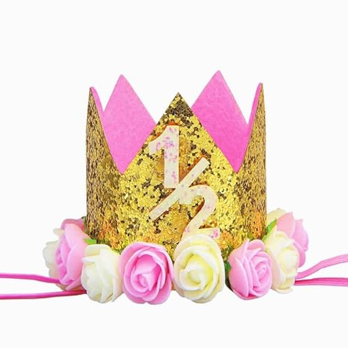MINGZE Bandeaux Couronne Anniversaire, Bébé Fête Anniversaire Princesse Bandeau de Cheveux Topper Chiffre Fleur Rose Enfants Filles ou Garçons Golden Crown Couronne 1-3 an (1/2)