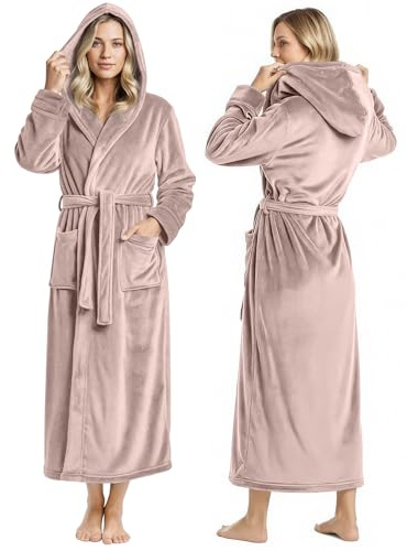 NY Threads Premium Womens Robe with Hood, Plush Fleece Long Bath Robe for Women, Fluffy Soft Women's Bathrobe, Small, Taupe