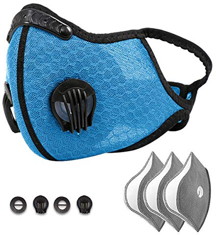Sportmaske / Gesichtsmaske für Fahrrad, mit 3 Aktivkohlefiltern und 2 Ventilen, Staubmaske gegen Verschmutzung, Outdoor, Laufen, Auspuffmaske, blau
