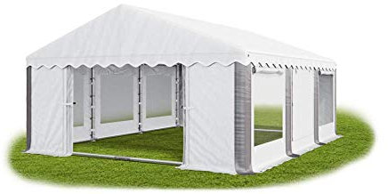 Das Company Partyzelt 5x6m Lagerzelt Universalzelt Pavillon mit Moskitonetz weiß-grau mit Bodenrahmen und Dachverstärkung Pavillon Zelt 240g/m² PE Plane wasserdicht Gartenzelt Summer Plus IPEM