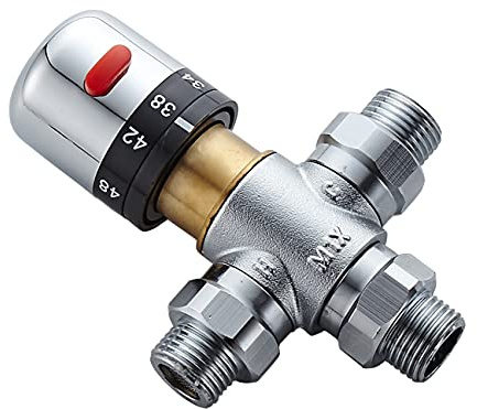 3 Way Thermostatic Water Mixing Valve DN15 Temperature Constant Control Hot and Cold G1/2 NPS Male Connections Anti Scald Temp Mixer Valves for Bathroom Under Sink Faucets Shower Bath Bidet (Chrome)