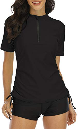 Halcurt UV Shirt Damen Kurzarm Rash Guard 1/4 Zip UPF 50+ Badeshirt S-XXL | Sonnenschutz Schwimmshirt, Verstellbare Seitenbänder, Schnell Trocknender, Atmungsaktiv, Nur Schwimmoberteil, Raglan Ärmel