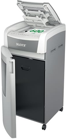 Leitz IQ Autofeed Office Pro Aktenvernichter, 600 Blatt Papierstapel schreddern, Zeit sparen mit automatischem Einzug, Mikroschnitt P5, 110L Abfallbehälter, Leiser Betrieb für große Büro, 80180000 | Auffangvolumen 110 l, Mikroschnitt, 10 Blatt