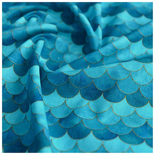 100% Baumwollstoff Farbverlauf Japanischer Fischschuppen-Druck Meerjungfrauenschuppen Geometrischer Dekorationsstoff zum Nähen DIY-Kunsthandwerk 130cm Breit(Size:1m,Color:blaugrün)