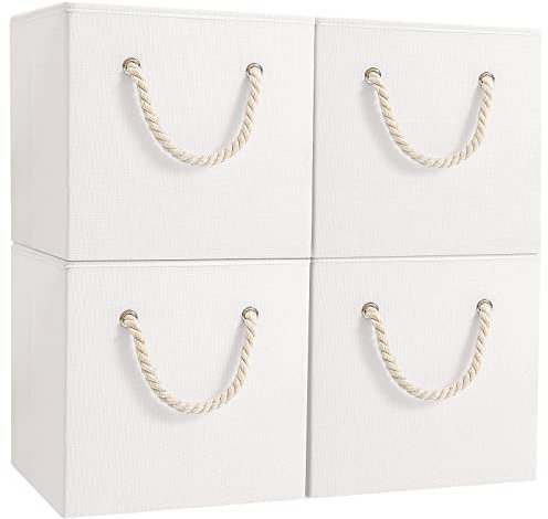 Yawinhe Cajas de Almacenaje, Cestas Organizadoras, Cubos de Almacenamiento de Tela, Plegables, para Estantes, Dormitorio, 33x33x33cm, Blanco, 4-Pack