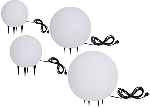 Trango 4er Set IP65 Gartenkugel 234500WB in Weiß matt mit 20/30/40/50cm Durchmesser *SNOW* Kugelleuchte inkl. je 1x 4-5 Watt E27 LED Leuchtmittel & je ca. 5 Meter IP44 Kabel Gartenleuchte, Leuchtkugel