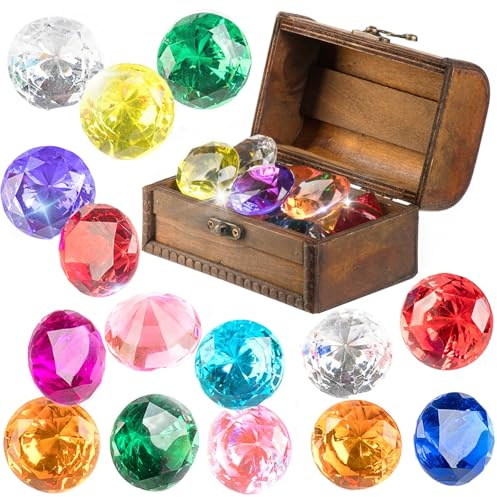 Diving Gem Pool Toy 15 Big Colorful Diamond Set with Big Treasure Chest Pirate Box Underwater Gem Diving Dive Throw Toy Set Swimming Training Gift Toy