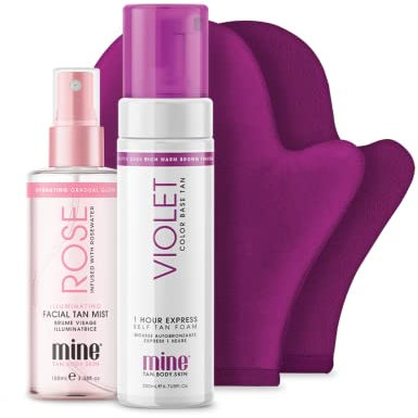 MINETAN BODY.SKIN Best Sellers Self Tanner Bundle | Bundle & Save With Our Cult Faves - Includes 4 Items, Violet Self Tanner, Rose Face Tanner, Self Tanner Mitt Applicator + Exfoliating Self Tan Mitt