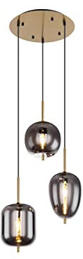 3 flammige LED Pendelleuchte Rauchglas Kugellampe mit Ø 46cm Lampenbaldachin Messing