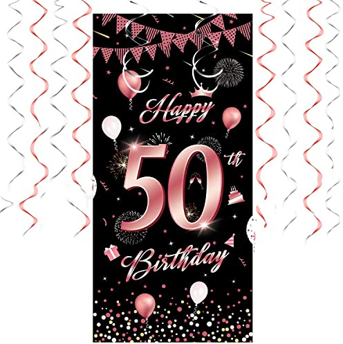 50. Geburtstag Deko für Mädchen Roségold Banner 50 Geburtstag Geburtstagsbanner 50 Happy Birthday Geschenk XXL mit 50th Birthday Spiralhänger