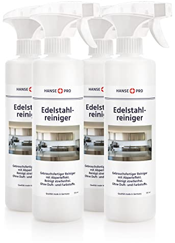HANSE PRO Edelstahl-Reiniger I Gebrauchsfertig I mit praktischem Abperl-Effekt I Reinigt streifenfrei I ohne Duft- und Farbstoffe I ideal für Küche und Grill (4 x 500 ml)