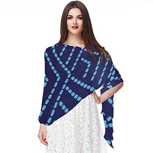 Chiffon-Schal, leicht, weich, durchsichtig, lange Kopfbedeckung, für alle Jahreszeiten, dunkelblau, geometrische Linie, mehrfarbig