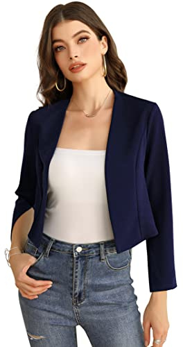 KOJOOIN Damen Bolero Langarm Strickjacke 3/4 Ärmel Open Front Elegant Bolerojacke Kurze Cardigan schrug Jacke Casual Top（Verpackung MEHRWEG） Dunkelblau,S