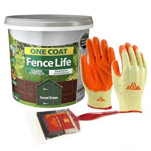 PERFECTONISH One Coat Fence 5L Quick Dry Wood, Outdoor Garden Paint for Garden Shed Water Repellent Furniture With Free 3” Brush and Protective Gloves (Forest Green)