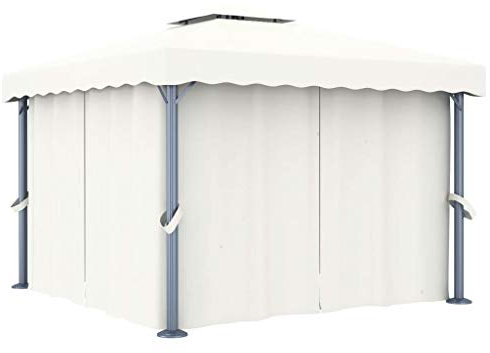 Pavillon mit Vorhang, XIAOGUANG Faltpavillon, Pergola, Partyzelt, Standmarkise, Sonnenzelt, Garten Pavillion, Grillpavillon, 3x3 m Cremeweiß Aluminium