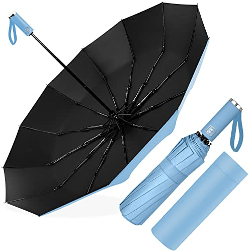 Poligono Paraply Stormfast, Fickparaply Automatiskt upp och på för Män och Kvinnor, Kompakt, 12 Benparaply stor, Diameter 105 cm, Himmelsblå