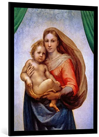 kunst für alle Bild mit Bilder-Rahmen: Raphael Die Sixtinische Madonna Detail - dekorativer Kunstdruck, hochwertig gerahmt, 75x95 cm, Schwarz matt