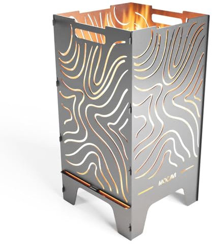 MOCAVI Edelstahl Feuertonne Lines 73 cm | 3 mm V2A Design-Feuersäule für Garten, Terrasse und Balkon Feuerschale Feuerkorb massiv sicher groß quadratisch Feuerstelle Outdoor faltbar hitzefest