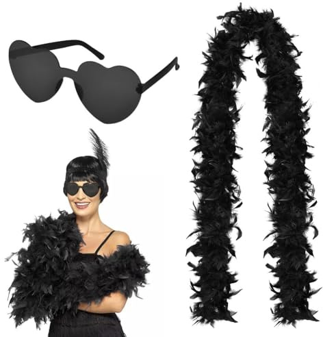 Flintronic Boas di piume colorate, con occhiali da sole senza montatura a forma di cuore, piume di tacchino naturali da 2 m, per feste, cosplay, carnevale, Halloween (nero)