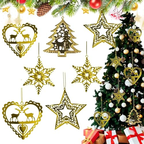 12 Stück Weihnachtsbaum Deko Christbaumschmuck Anhänger Weihnachtsbaumschmuck Gold, Christmas Decorations Tannenbaumschmuck Schneeflocken Sterne Deko Christbaumschmuck Geschenkanhänger Baumschmuck