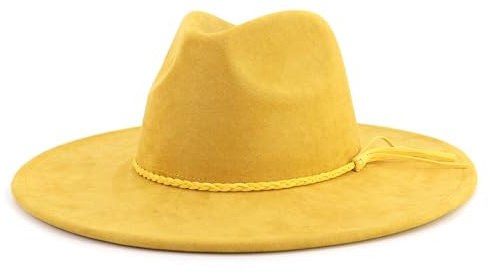 LIDHAY Fedora-Hut mit großer breiter Krempe, für Damen und Herren, Westernhut, Wildleder, großer Panamahut, Rancher-Hut, gelb, Einheitsgr��e
