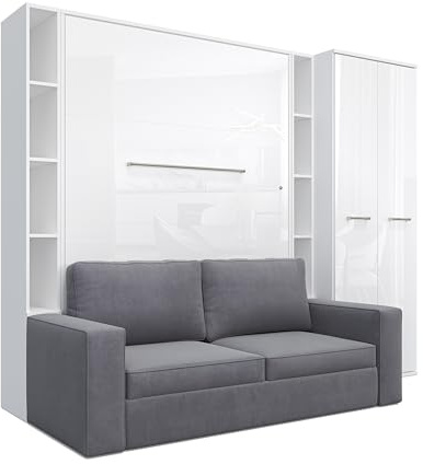 MAXIMAHOUSE Schrankbett vertikal mit Sofa, 2 Regalen und Kleiderschrank, Invento LED 140V mit Lattenrost aus Holz, Wandklappbett 140x200 modern Design (Weiß/Weiß Glanz + graues Sofa)