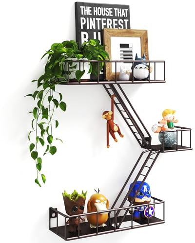 Fire Escape Wandregal mit Körben, 3-stöckiges Metall-Feuerfluchtleiter-Regal, Wand-Organizer, von New York inspiriertes dekoratives Regal, braune schwebende Actionfigur-Ausstellungsregale für